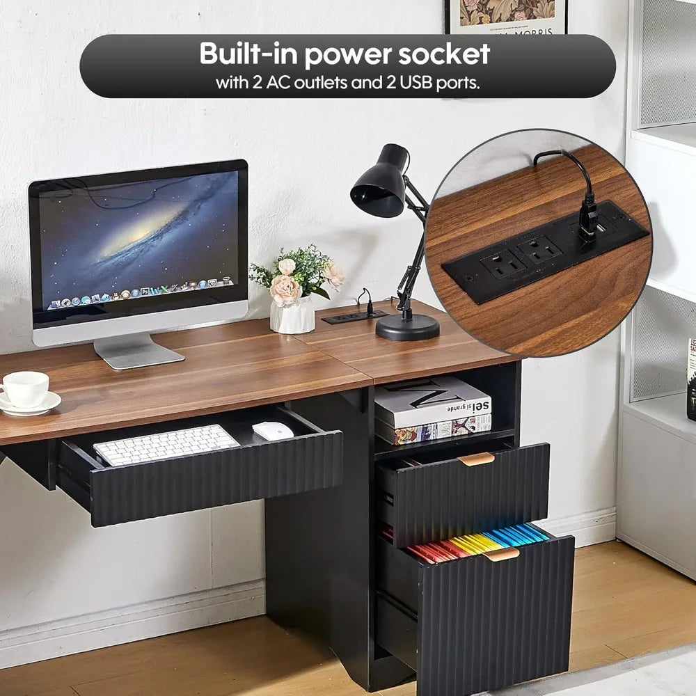 Contemporary 55-Inch Computer Desk with Integrated Keyboard Tray, Power Outlets, Dual Functional Drawers, and Fluted Design
