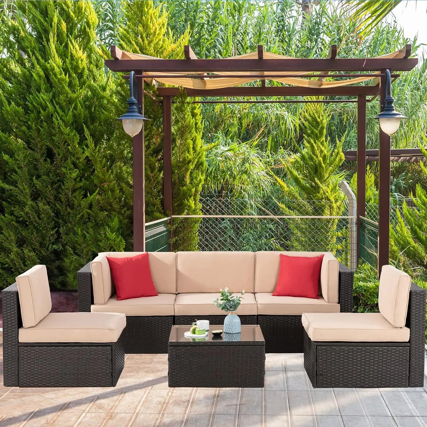 6 Pieces Patio garden furniture sets, PE Rattan Manual Wicker Patio Conversation Set w/Glass Table&Ottoman Cushion and Pillows