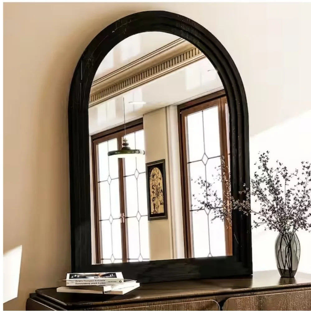 Arched Mirror with Solid Acacia Wood Frame, Rustic Wooden Vanity Mirror for Living Room, Bathroom, Bedroom, Entryway Wall Decor