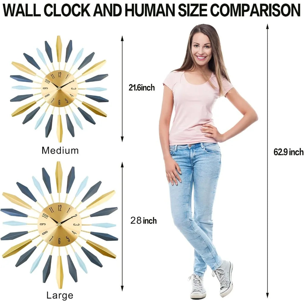 28 Inch Large Wall Clock Metal Decorative, Mid Century Silent Non-Ticking Big Clocks, Modern Home Decorations for Living