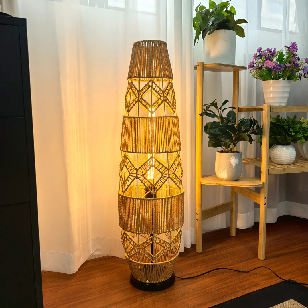Vrygle Boho Rattan Floor Lamp with LED Light Bar UL Listed