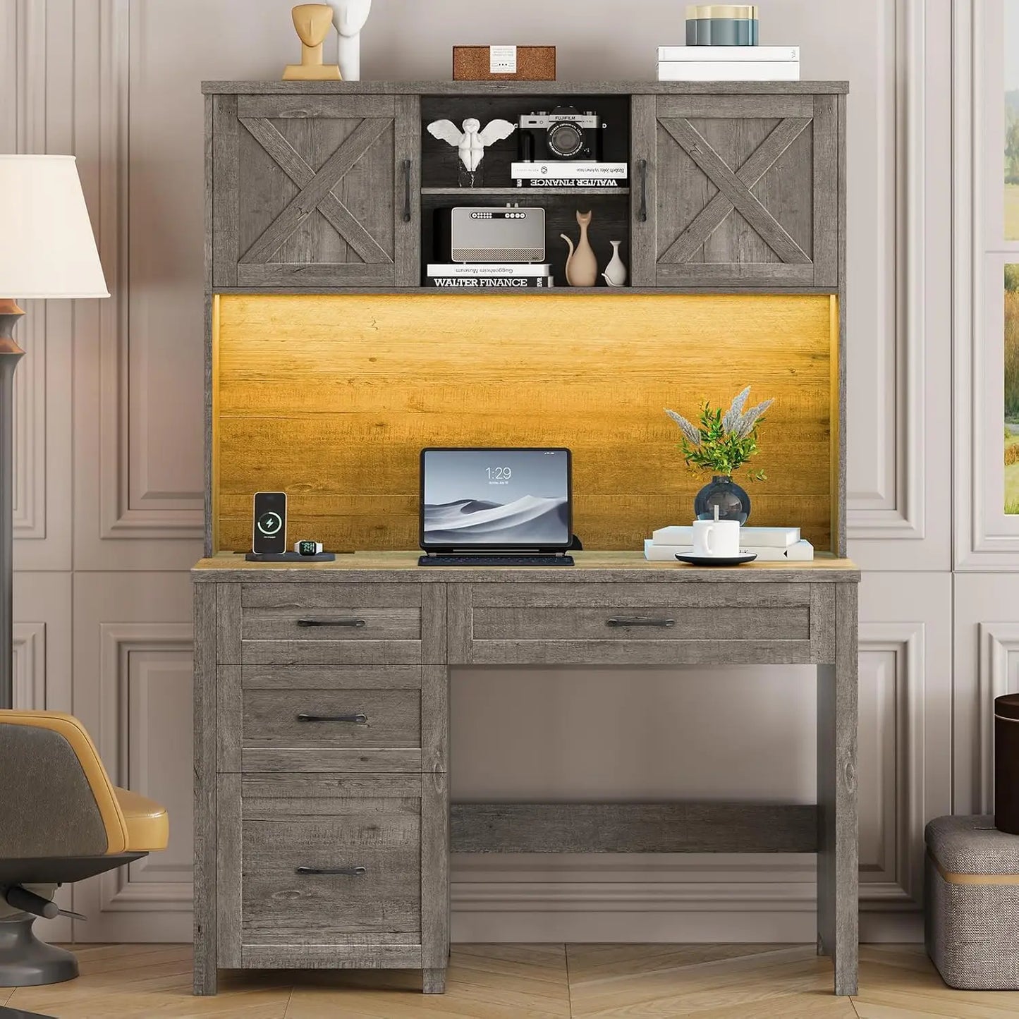 "67" Farmhouse Executive Desk - Hutch with LED Light, 4 Drawers & Charging Station for Home Office"