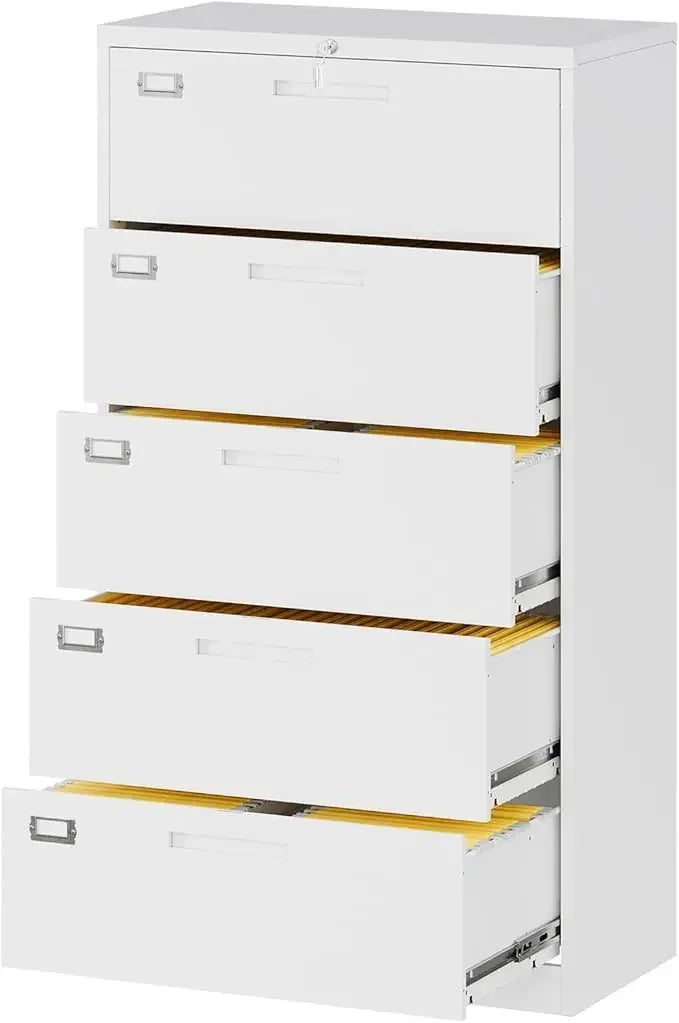 Lateral File Cabinet with 5 Drawers - Lockable Storage Cabinet for Hanging - White Metal Steel Filling Cabinets for Home Office