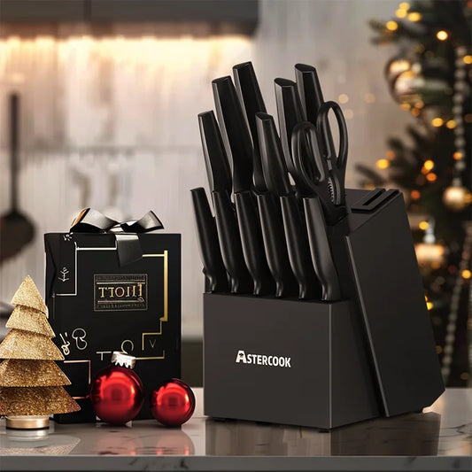 Astercook Kitchen Knife Set with Built-in Sharpener Block, Dishwasher Safe, 15 Pieces German Stainless Steel Knife Block Set