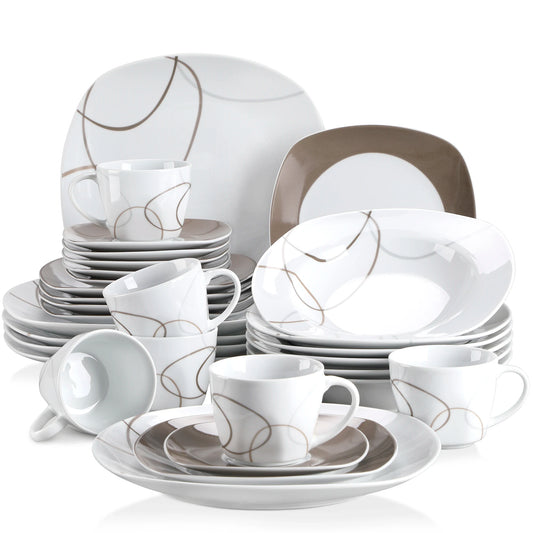 VEWEET 30-Piece Porcelain Ceramic Kitchen Dinner Plate Set with 6pcs Dessert Plates/Soup Plates/Dinner Plates/Cups/Saucers