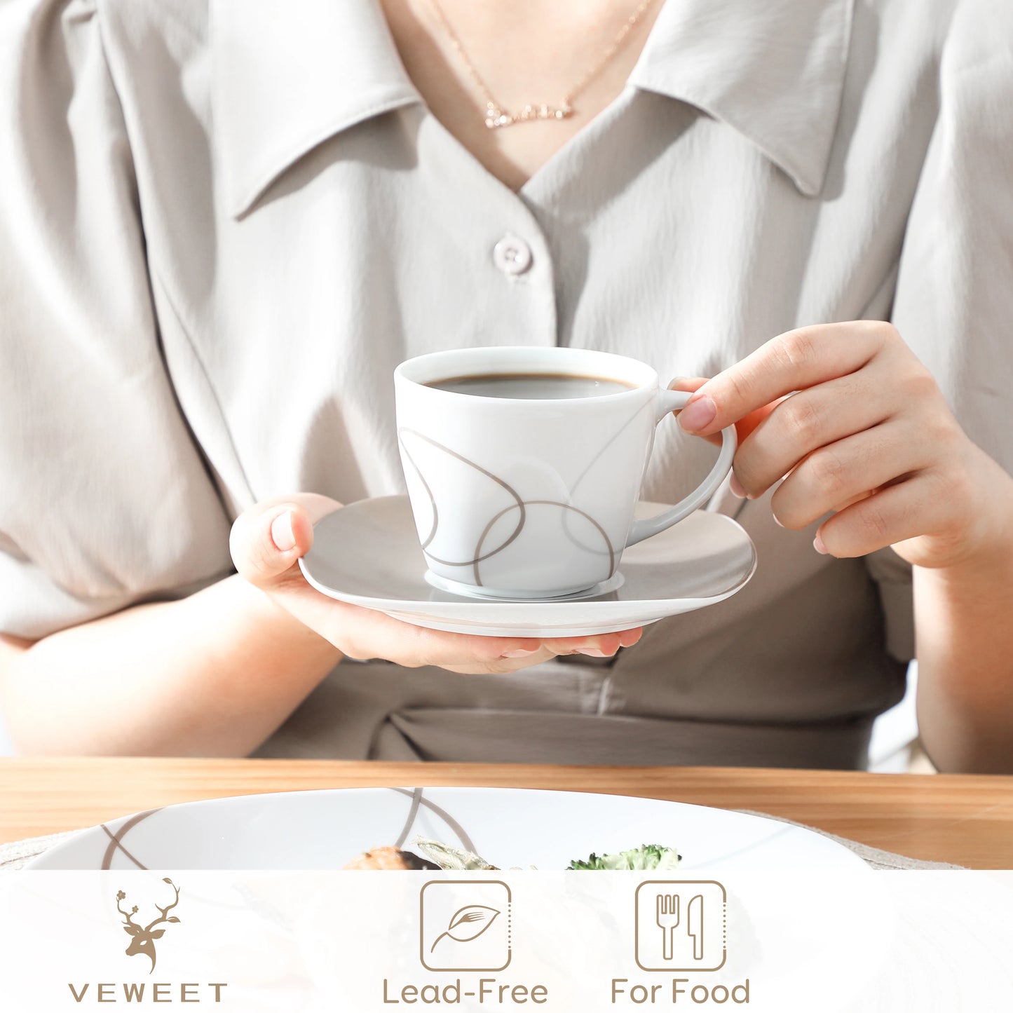 VEWEET 30-Piece Porcelain Ceramic Kitchen Dinner Plate Set with 6pcs Dessert Plates/Soup Plates/Dinner Plates/Cups/Saucers