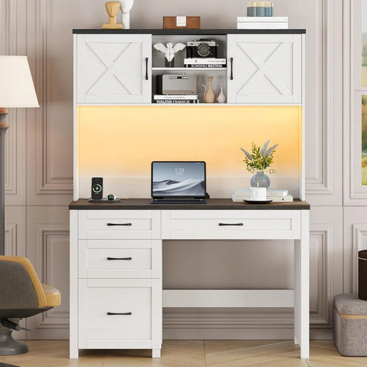 "67" Farmhouse Executive Desk - Hutch with LED Light, 4 Drawers & Charging Station for Home Office"