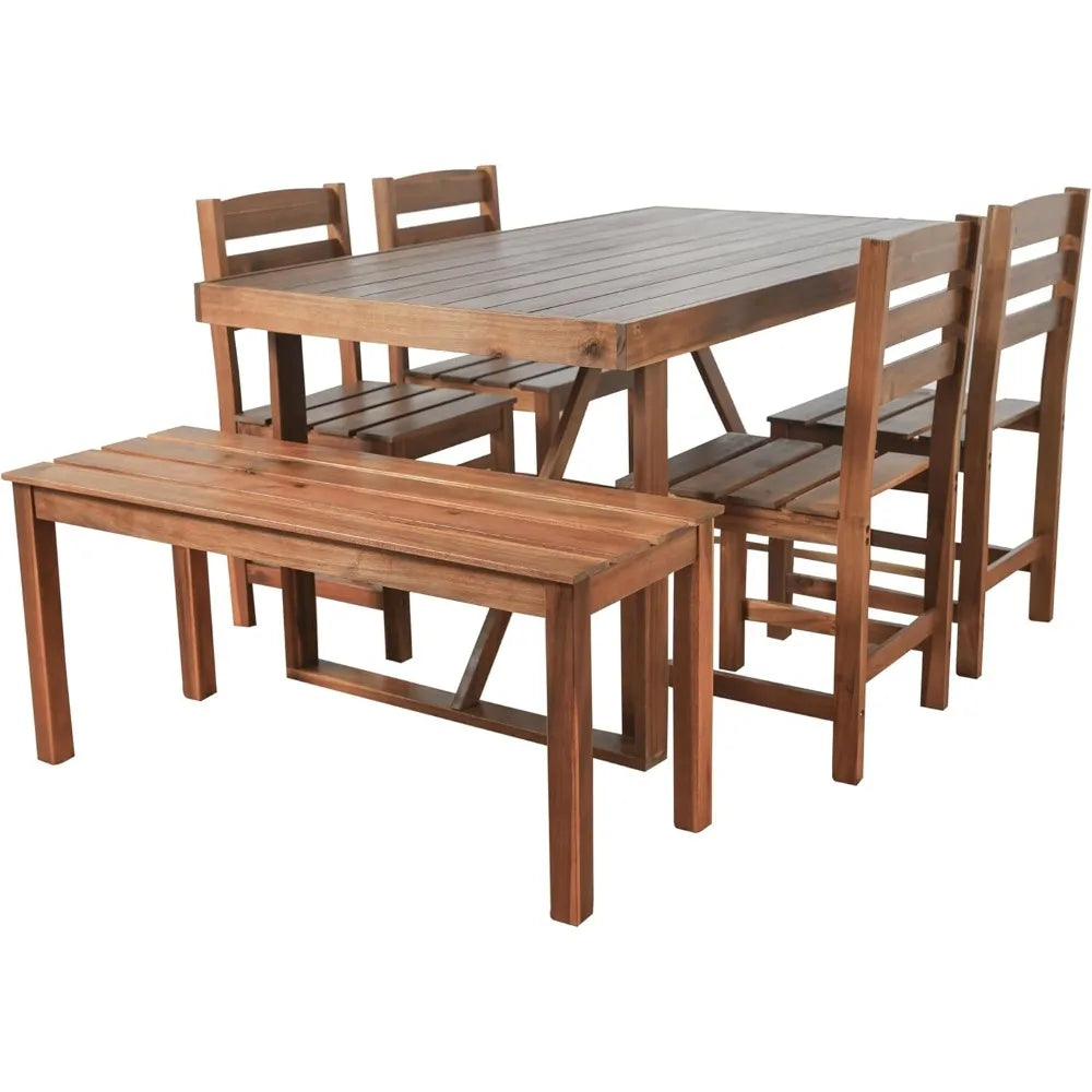 Patio Dining Table Set for 6, Acacia Wood Outdoor Table and Chairs Set, All Weather Patio Dining Set with Bench for Balcony, Bac