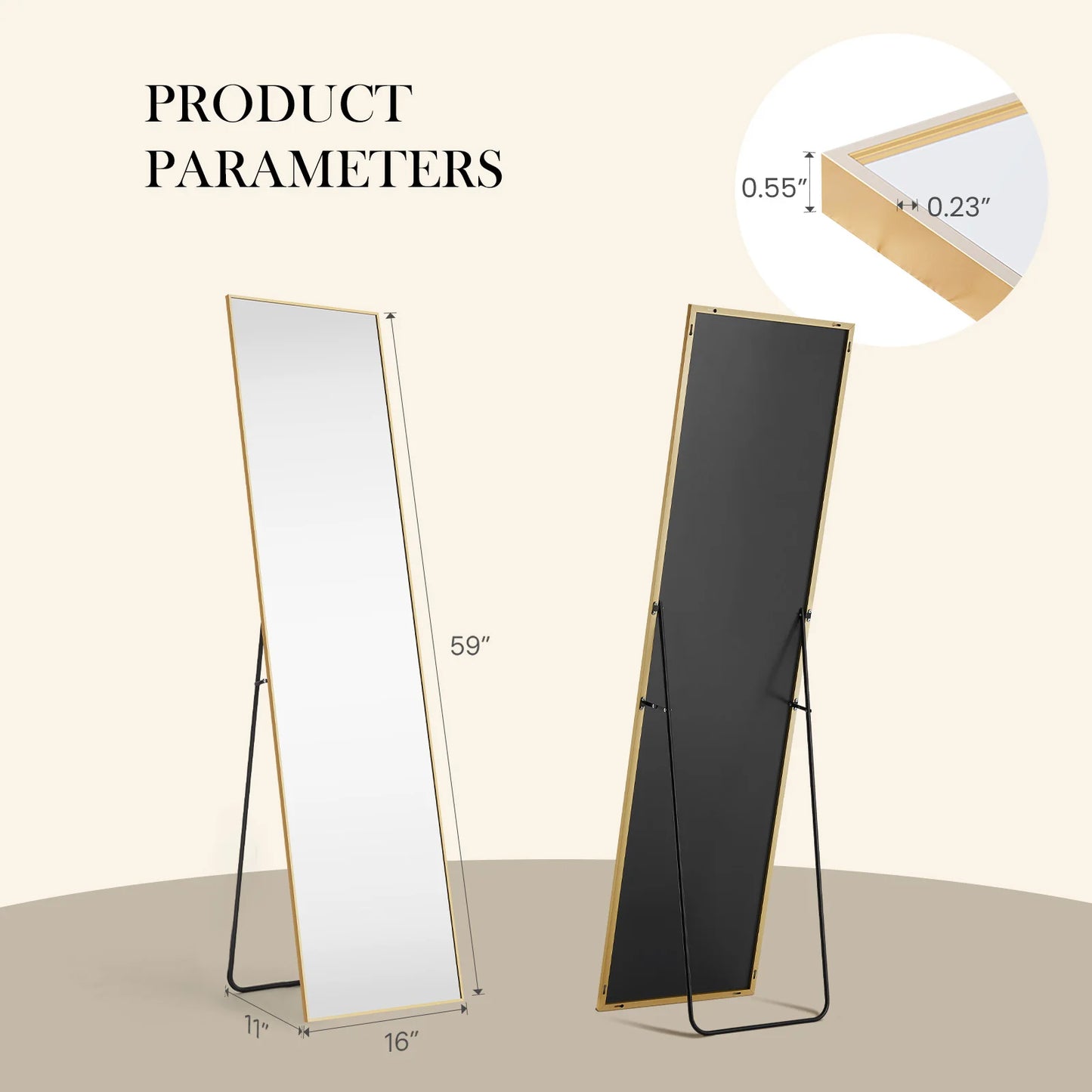 JHK Full Body Wall Mirror 59"x16"/64"x21" Standing or Wall-Hanging with Stand Aluminum Alloy Frame Bedroom Cloakroom Decoration