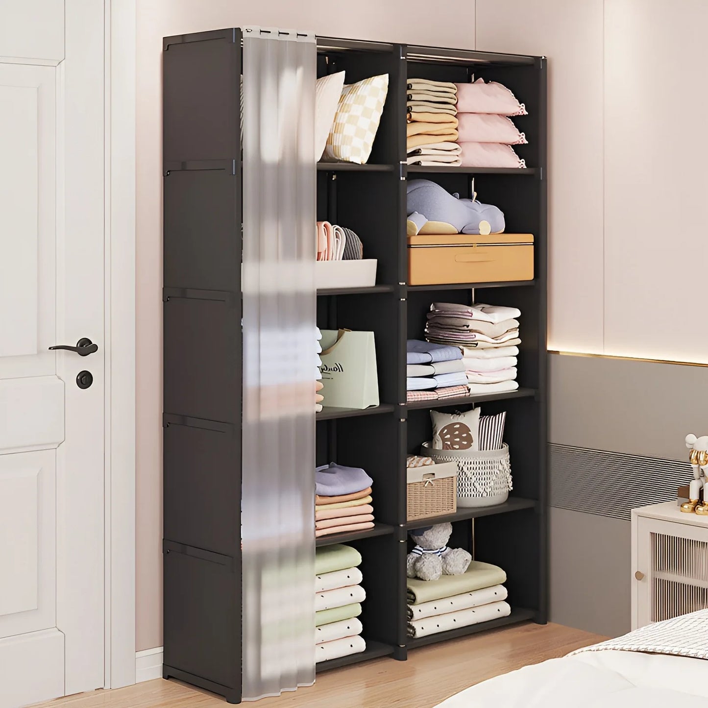 6 Layers Dustproof Simple Wardrobe Bedroom Clothes Closet Storage Organizer Double Row High Capacity Partition Bookshelf Cabinet