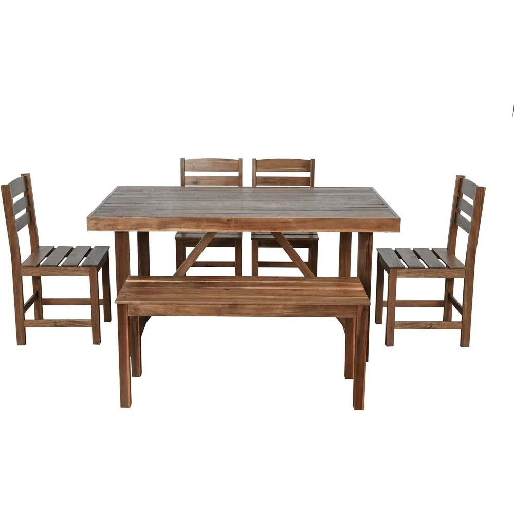 Patio Dining Table Set for 6, Acacia Wood Outdoor Table and Chairs Set, All Weather Patio Dining Set with Bench for Balcony, Bac