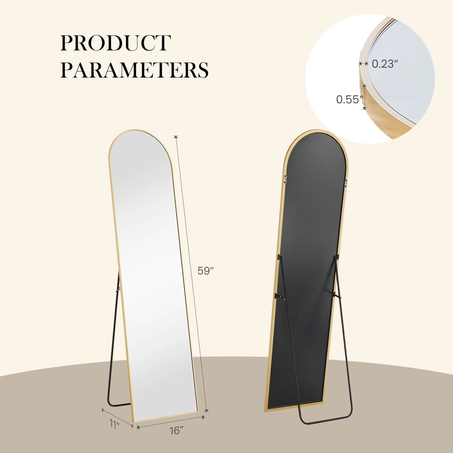 JHK Full Body Wall Mirror 59"x16"/64"x21" Standing or Wall-Hanging with Stand Aluminum Alloy Frame Bedroom Cloakroom Decoration