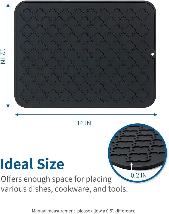 Tableware drying pad - Silicone drying pad - Heat resistant - Kitchen small tools - Black (12 inches x 16)