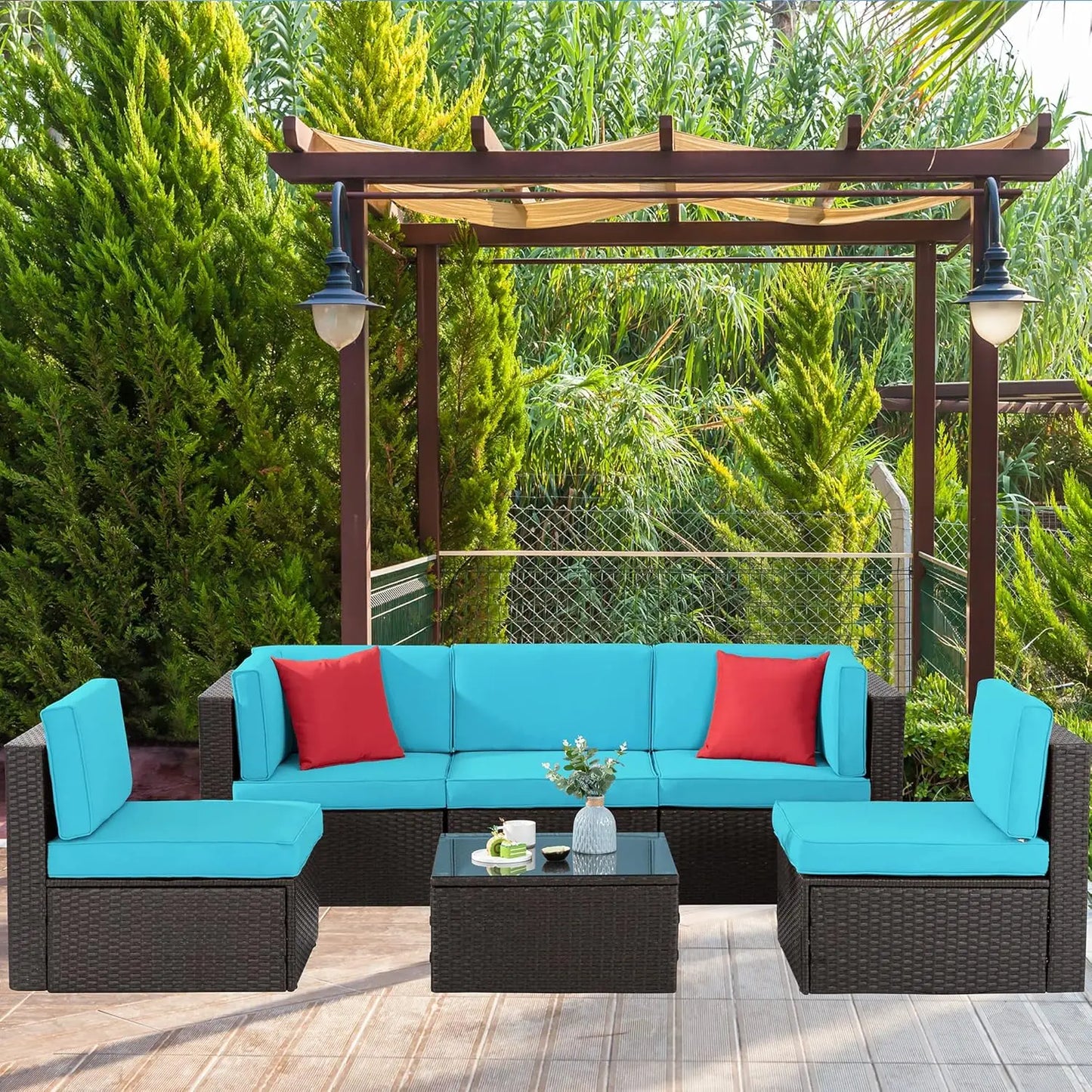 6 Pieces Patio garden furniture sets, PE Rattan Manual Wicker Patio Conversation Set w/Glass Table&Ottoman Cushion and Pillows