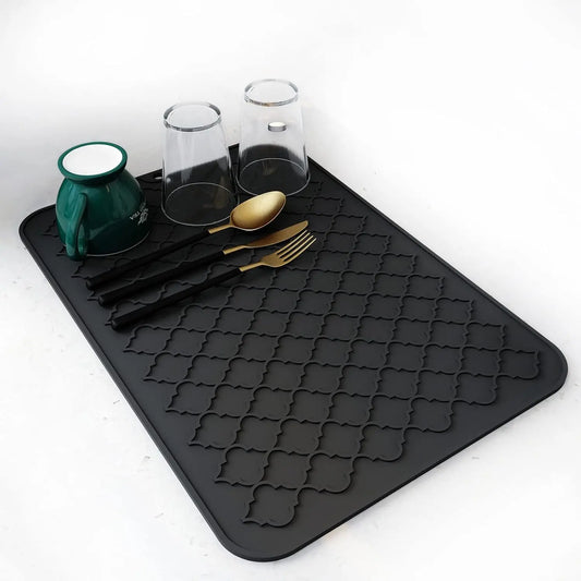 Tableware drying pad - Silicone drying pad - Heat resistant - Kitchen small tools - Black (12 inches x 16)