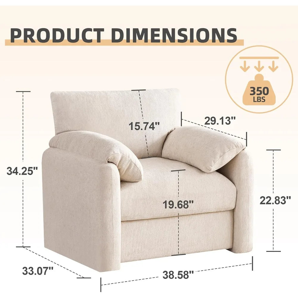 Chenille Oversized Armchair, 38.6" Wide Accent Chairs for Living Room & Bedroom Modern Lounge Chair, Upholstered Mid-Century