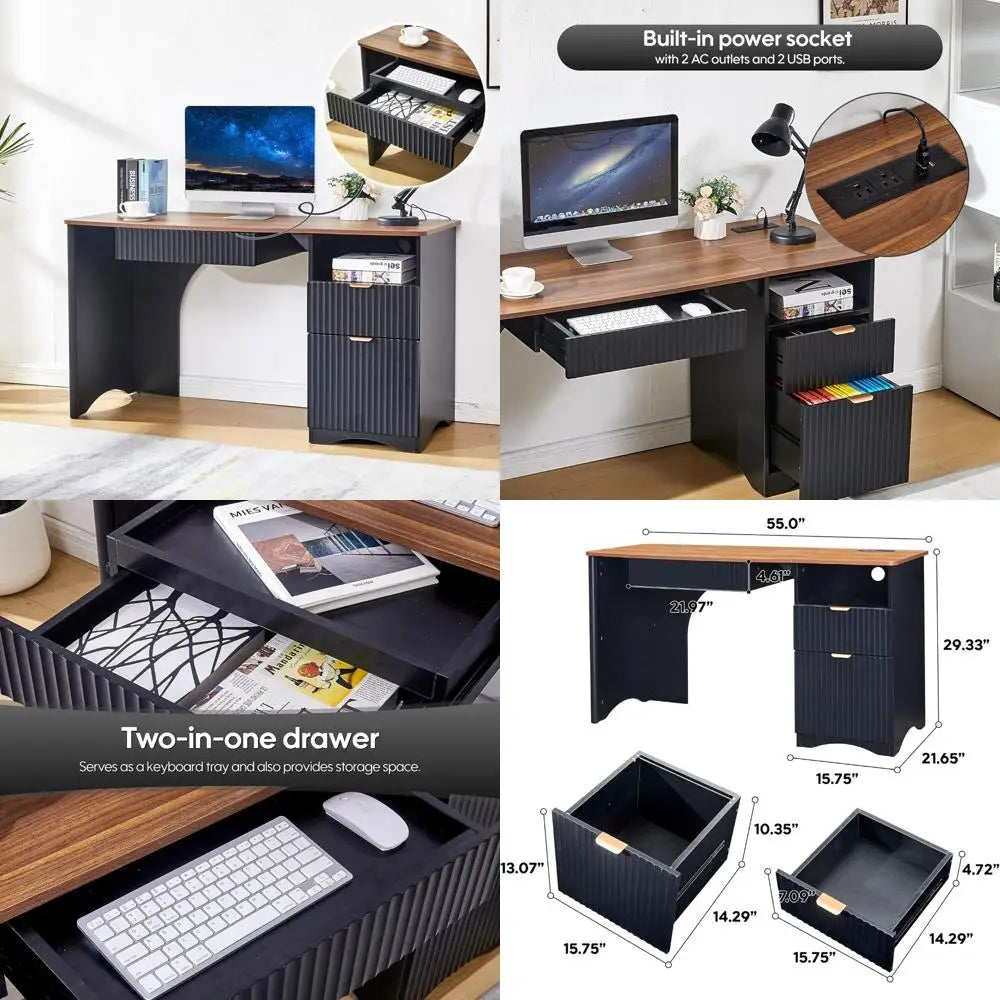 Contemporary 55-Inch Computer Desk with Integrated Keyboard Tray, Power Outlets, Dual Functional Drawers, and Fluted Design
