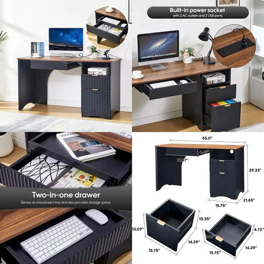 Contemporary 55-Inch Computer Desk with Integrated Keyboard Tray, Power Outlets, Dual Functional Drawers, and Fluted Design