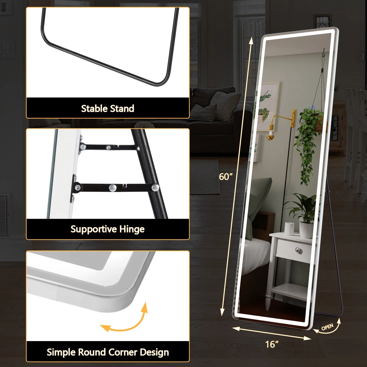 JHK Full Body Wall Mirror 59"x16"/64"x21" Standing or Wall-Hanging with Stand Aluminum Alloy Frame Bedroom Cloakroom Decoration