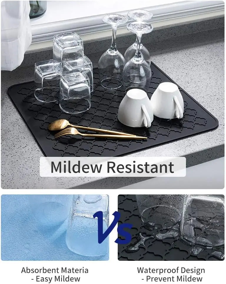 Tableware drying pad - Silicone drying pad - Heat resistant - Kitchen small tools - Black (12 inches x 16)