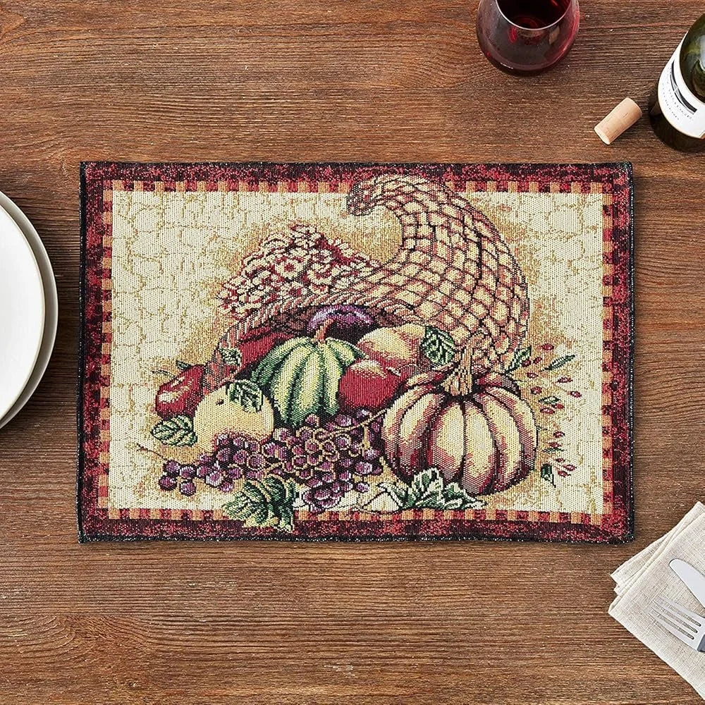 Fall Harvest Thanksgiving Decorative Placemats Set of 4 Cotton Polyester Woven Tapestry 13x19 Inch Autumn Leaves Sunflowers