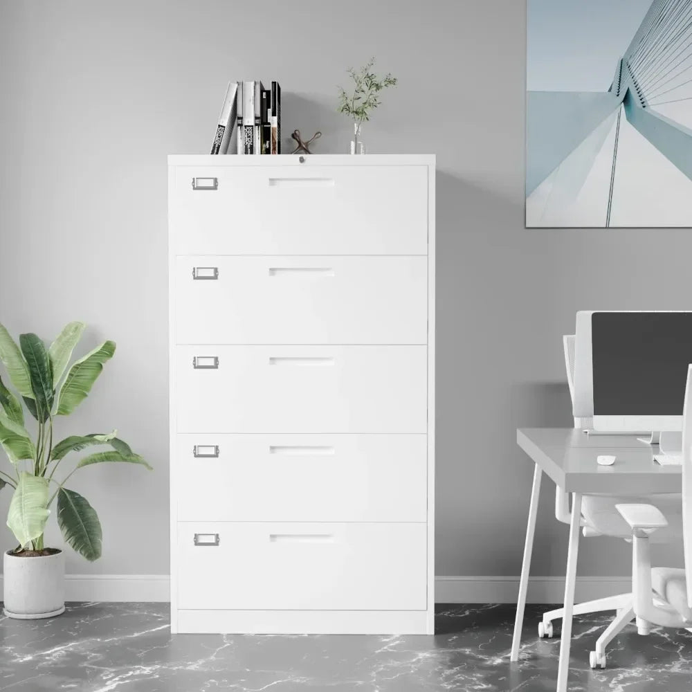 Lateral File Cabinet with 5 Drawers - Lockable Storage Cabinet for Hanging - White Metal Steel Filling Cabinets for Home Office