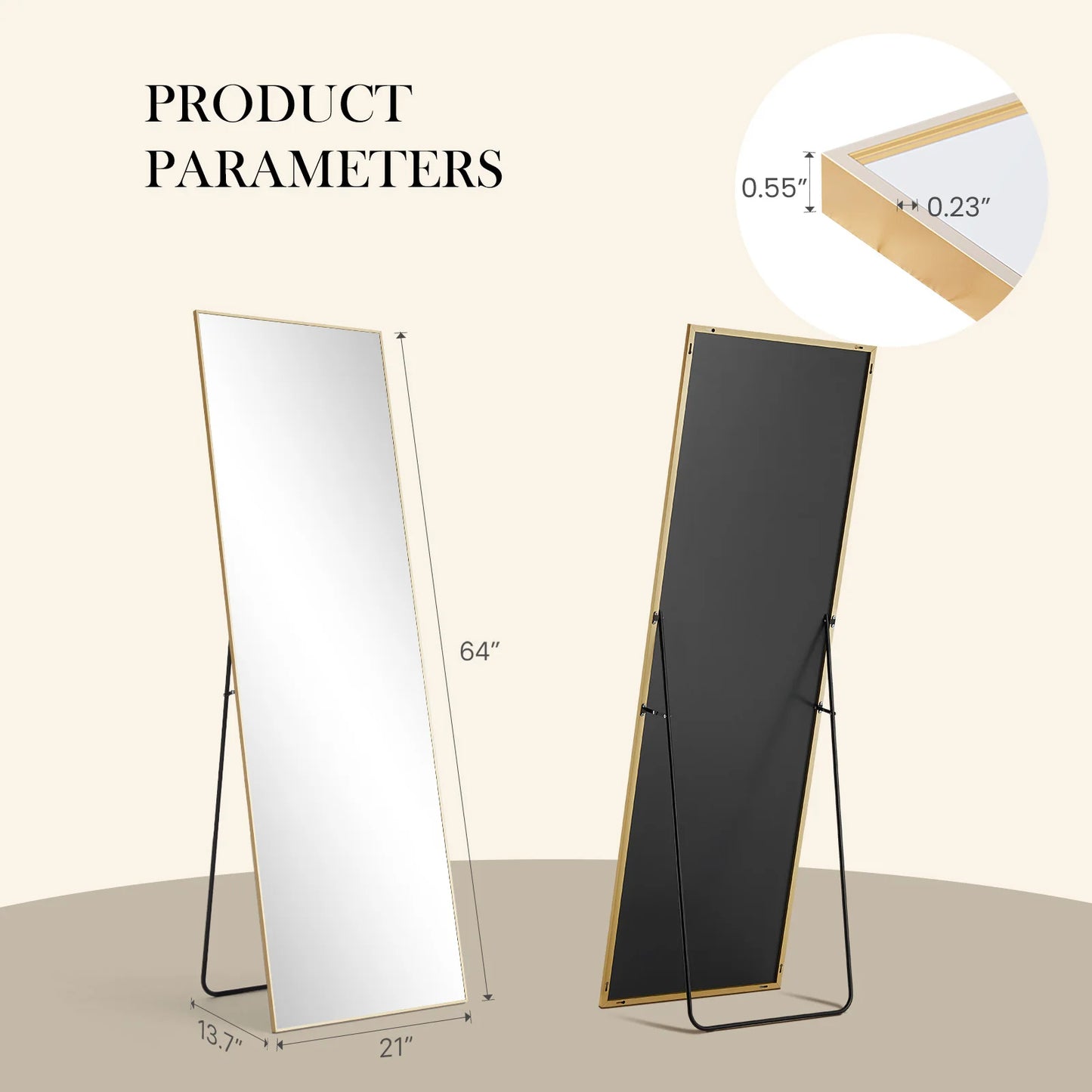 JHK Full Body Wall Mirror 59"x16"/64"x21" Standing or Wall-Hanging with Stand Aluminum Alloy Frame Bedroom Cloakroom Decoration