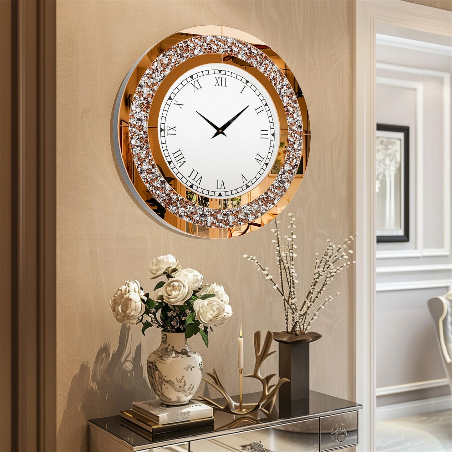 60/80CM Bling Silver Round Mirror Clock Glam Sparkle Twinkle Shining Mirrored Wall Clock for Home Decor