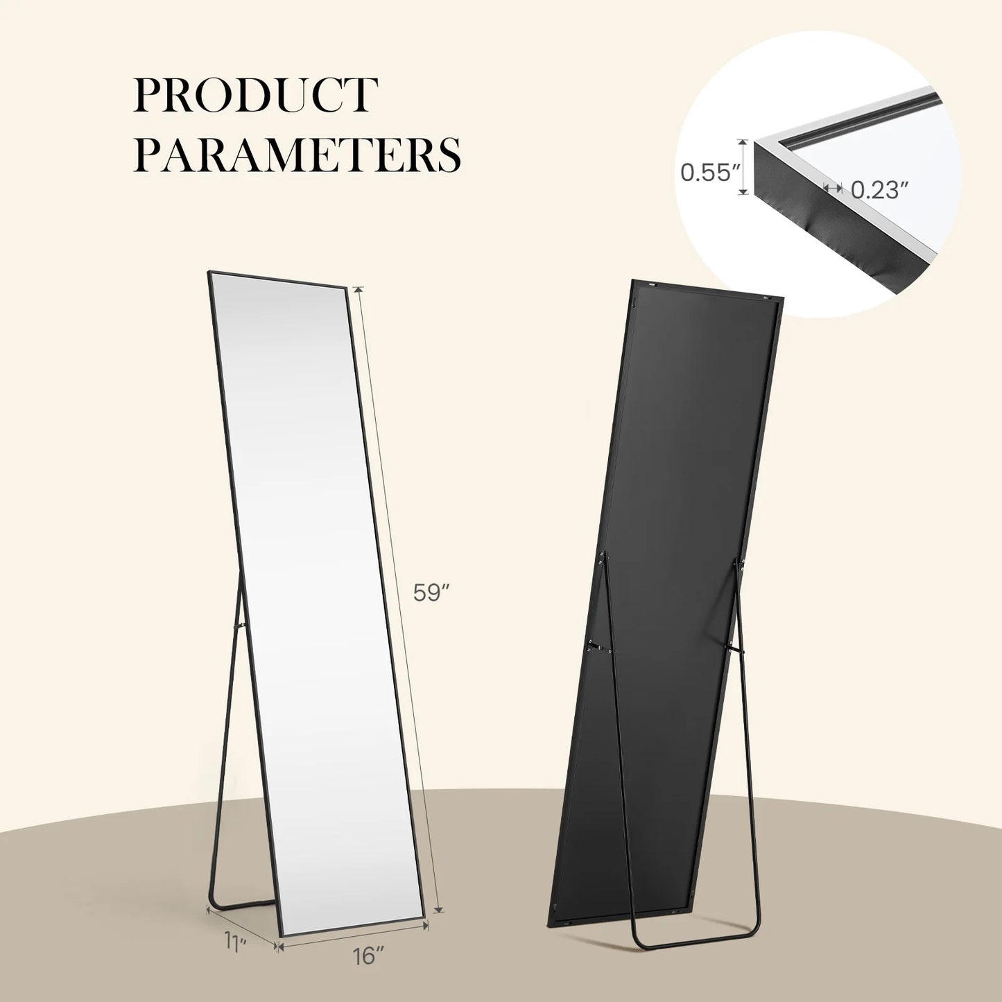 JHK Full Body Wall Mirror 59"x16"/64"x21" Standing or Wall-Hanging with Stand Aluminum Alloy Frame Bedroom Cloakroom Decoration