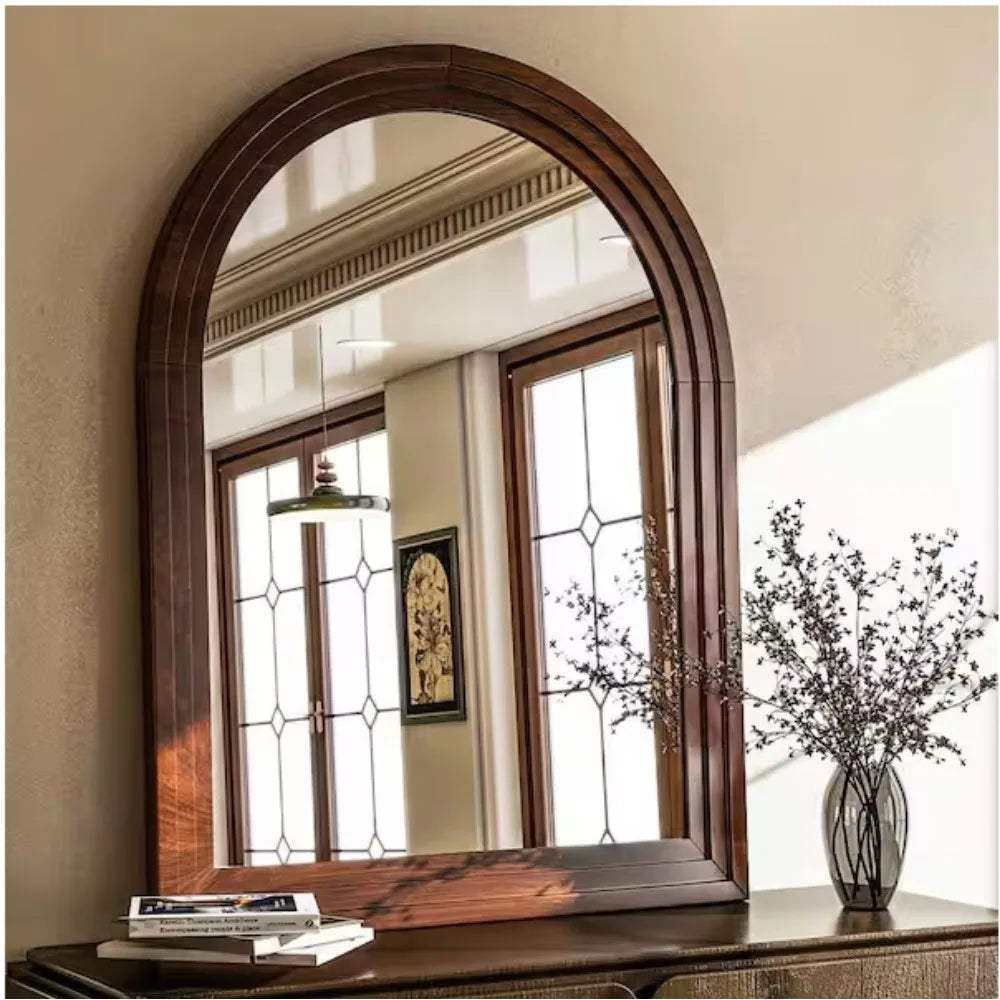 Arched Mirror with Solid Acacia Wood Frame, Rustic Wooden Vanity Mirror for Living Room, Bathroom, Bedroom, Entryway Wall Decor