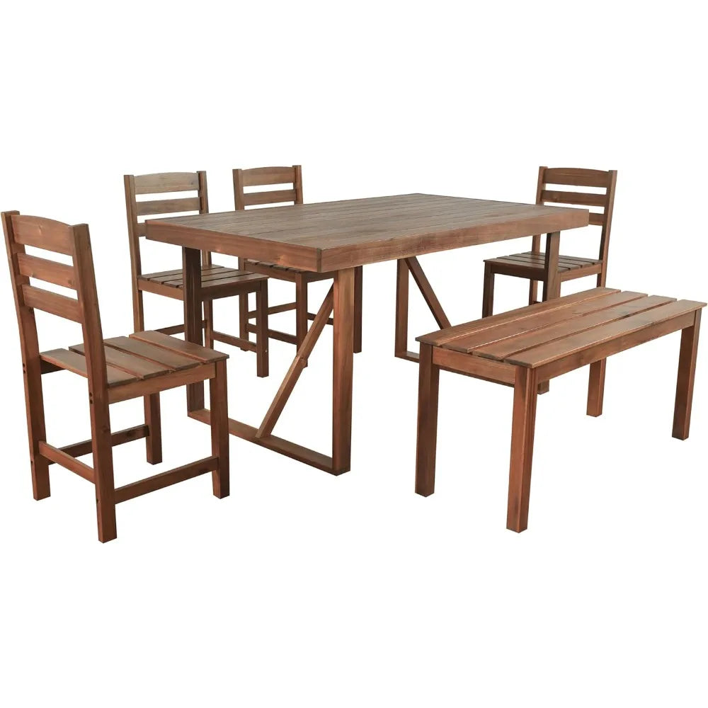Patio Dining Table Set for 6, Acacia Wood Outdoor Table and Chairs Set, All Weather Patio Dining Set with Bench for Balcony, Bac