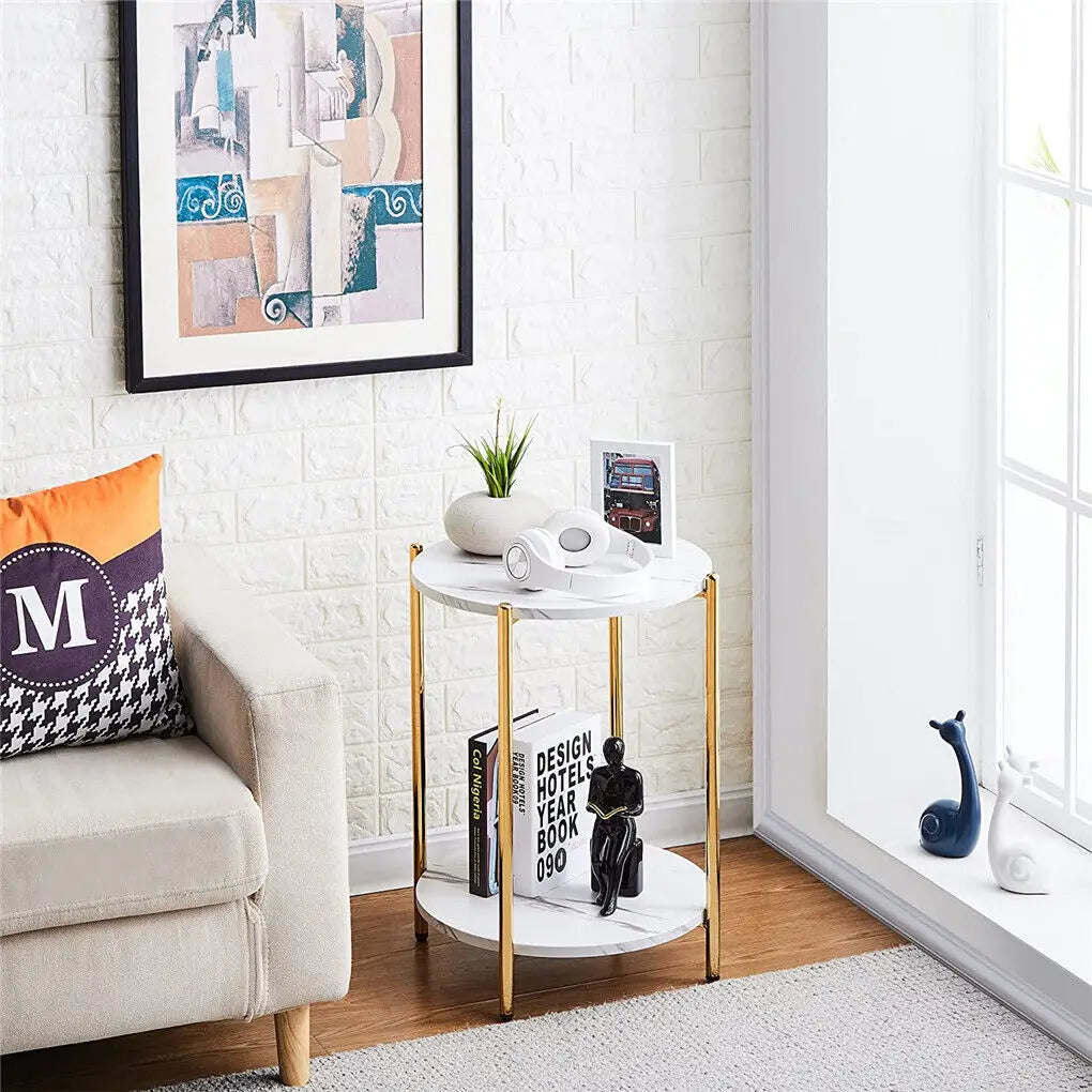 LUVODI 2 Tier Round Coffee End Tables With Storage Shelf