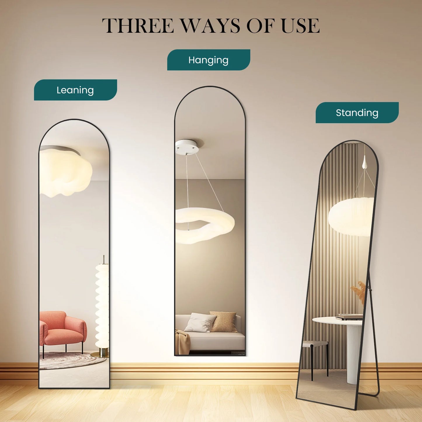 JHK Full Body Wall Mirror 59"x16"/64"x21" Standing or Wall-Hanging with Stand Aluminum Alloy Frame Bedroom Cloakroom Decoration