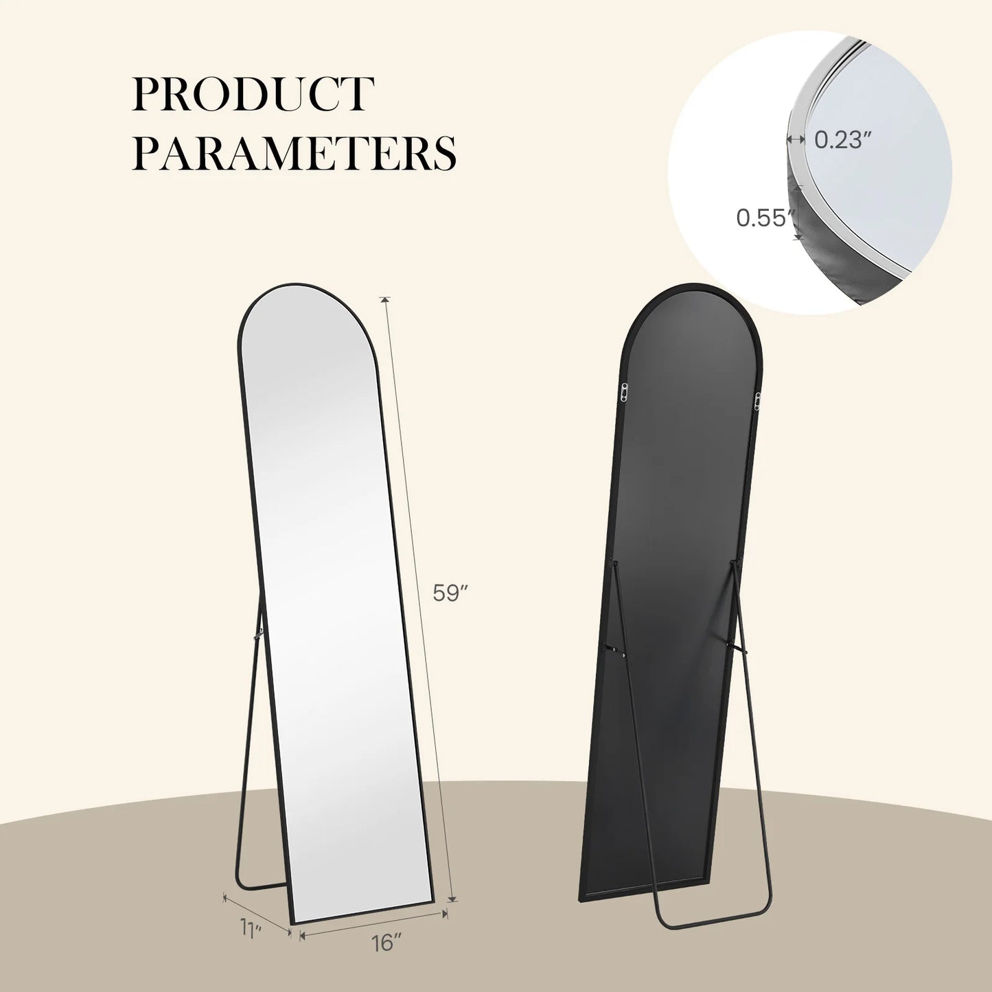 JHK Full Body Wall Mirror 59"x16"/64"x21" Standing or Wall-Hanging with Stand Aluminum Alloy Frame Bedroom Cloakroom Decoration