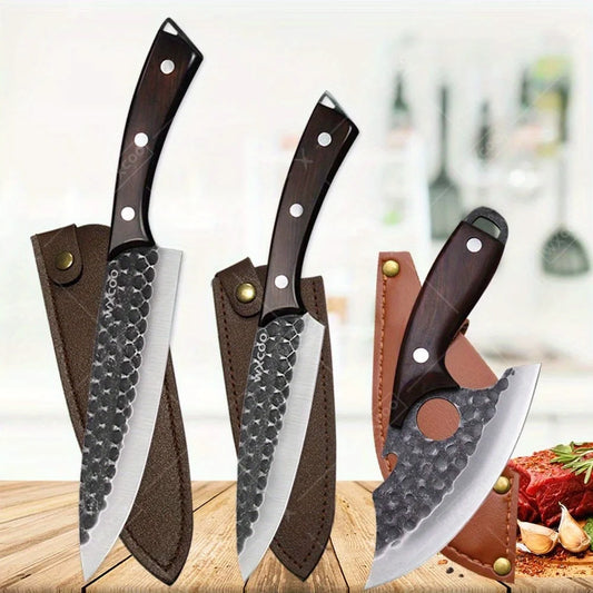 3 Pcs Stainless Steel Kitchen Chef Knife Set Multipurpose Boning Cleavers Utility Cutters Mini Meat Paring Slicing Tools