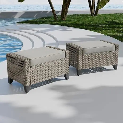 Modern 2 Piece Wicker Outdoor Ottomans, 2pc Patio Ottoman Foot Rest for Couch with Removable Cushions for Patio, Deck, Backyard