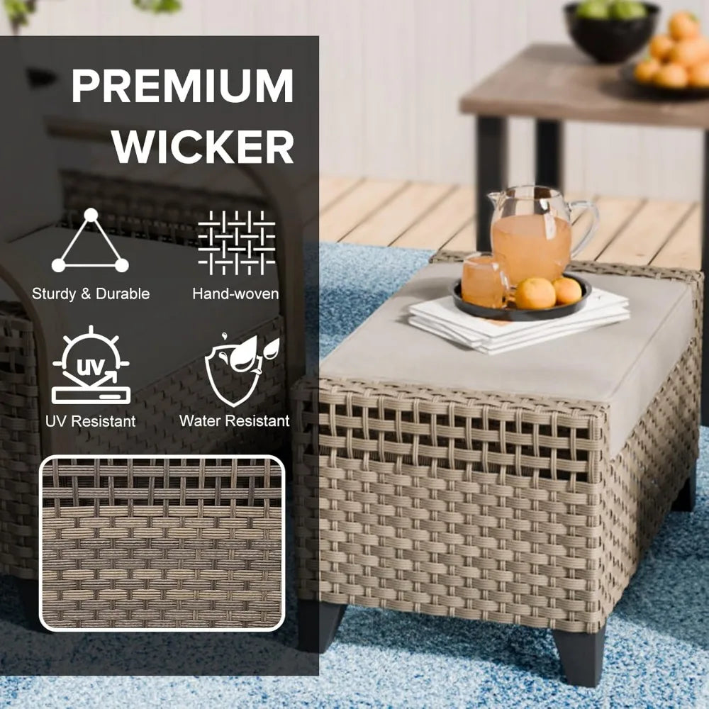 Modern 2 Piece Wicker Outdoor Ottomans, 2pc Patio Ottoman Foot Rest for Couch with Removable Cushions for Patio, Deck, Backyard