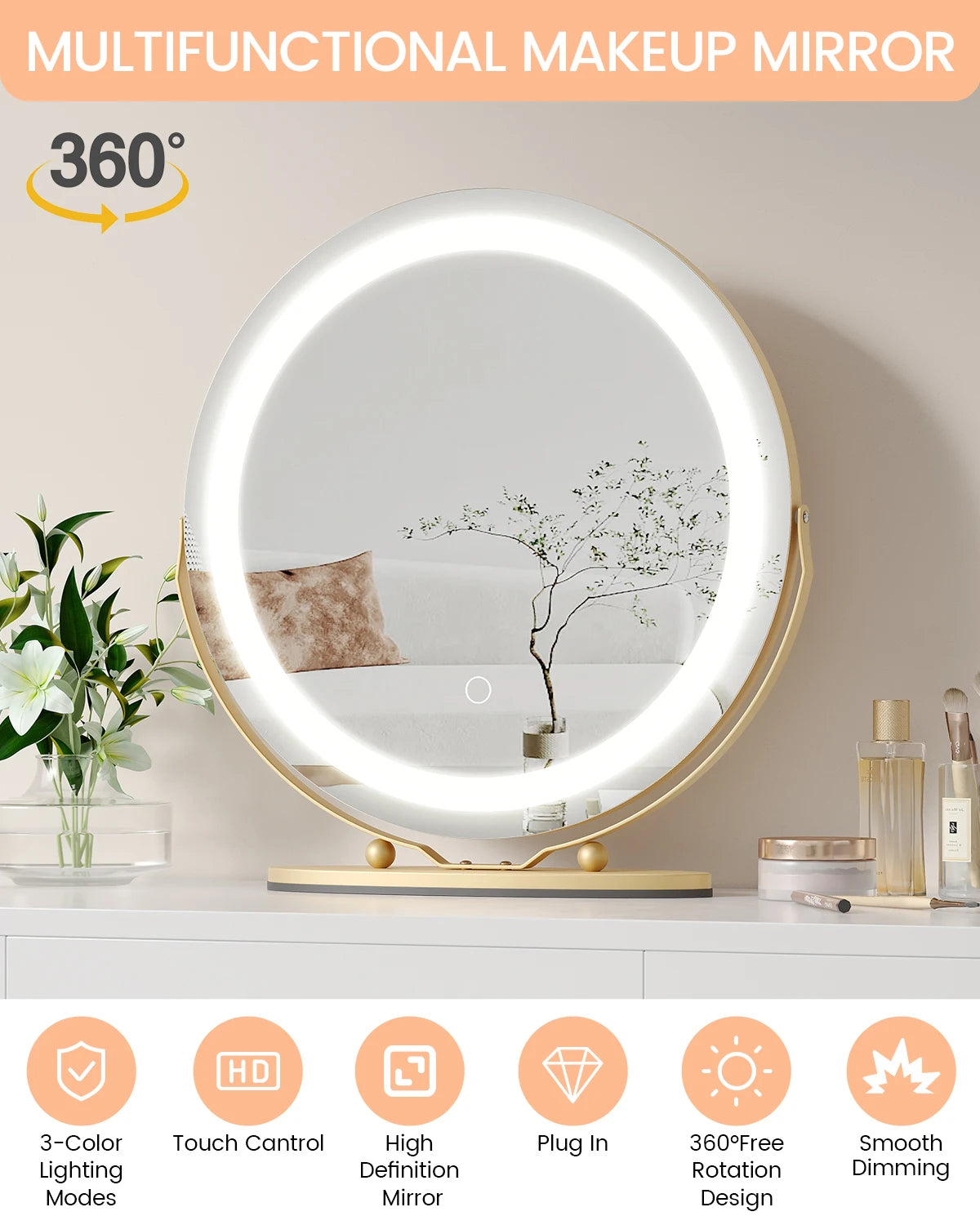 Round Vanity Mirror With LED Lights And Touch Control