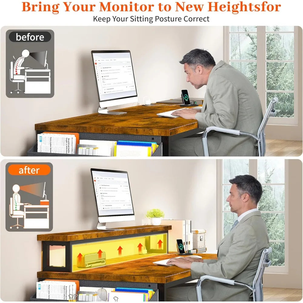 Office Desk with Drawers and Printer Space,Computer Desk with Power Outlets,Home Office Desks with File Drawers Cabinet,Study