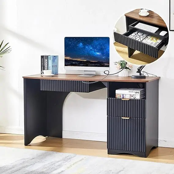 Contemporary 55-Inch Computer Desk with Integrated Keyboard Tray, Power Outlets, Dual Functional Drawers, and Fluted Design