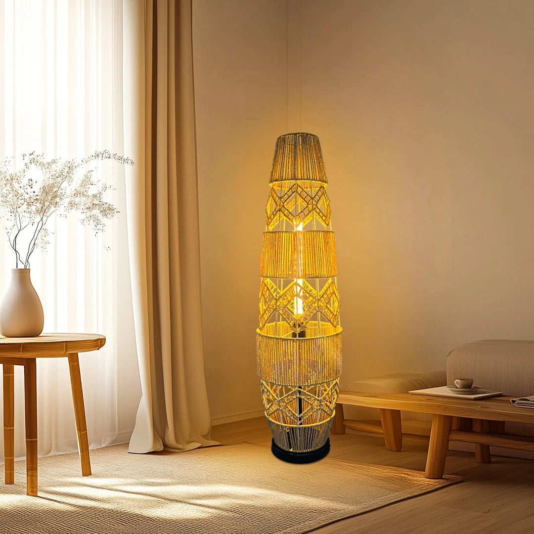 Vrygle Boho Rattan Floor Lamp with LED Light Bar UL Listed