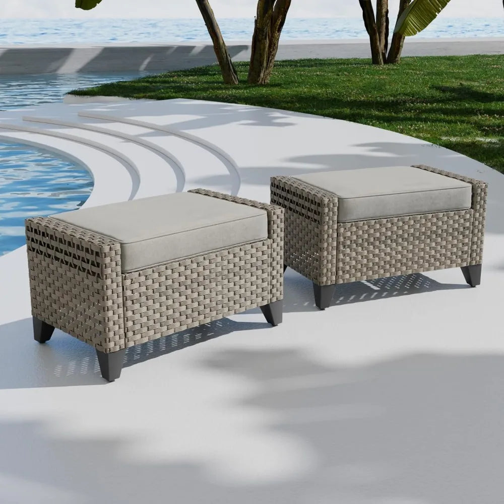 Modern 2 Piece Wicker Outdoor Ottomans, 2pc Patio Ottoman Foot Rest for Couch with Removable Cushions for Patio, Deck, Backyard