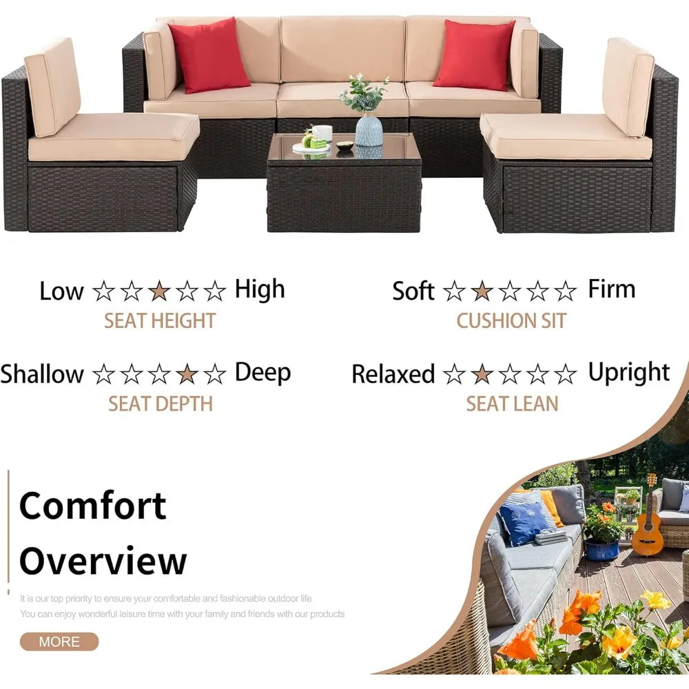 6 Pieces Patio garden furniture sets, PE Rattan Manual Wicker Patio Conversation Set w/Glass Table&Ottoman Cushion and Pillows