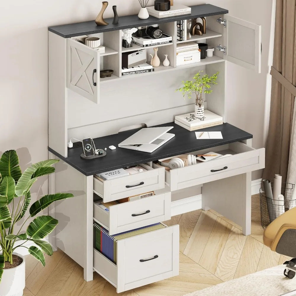 "67" Farmhouse Executive Desk - Hutch with LED Light, 4 Drawers & Charging Station for Home Office"