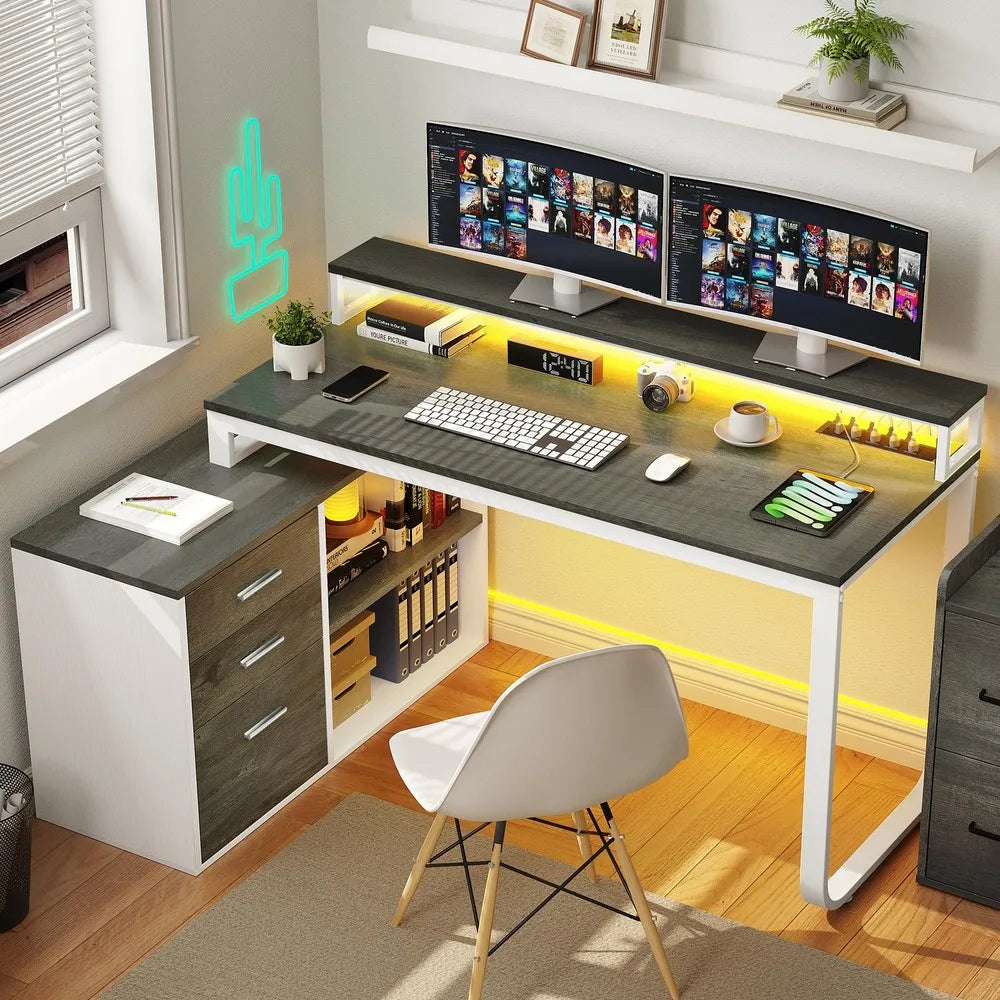 L-Shaped Gaming Computer Desk Home Office Desk File Drawers
