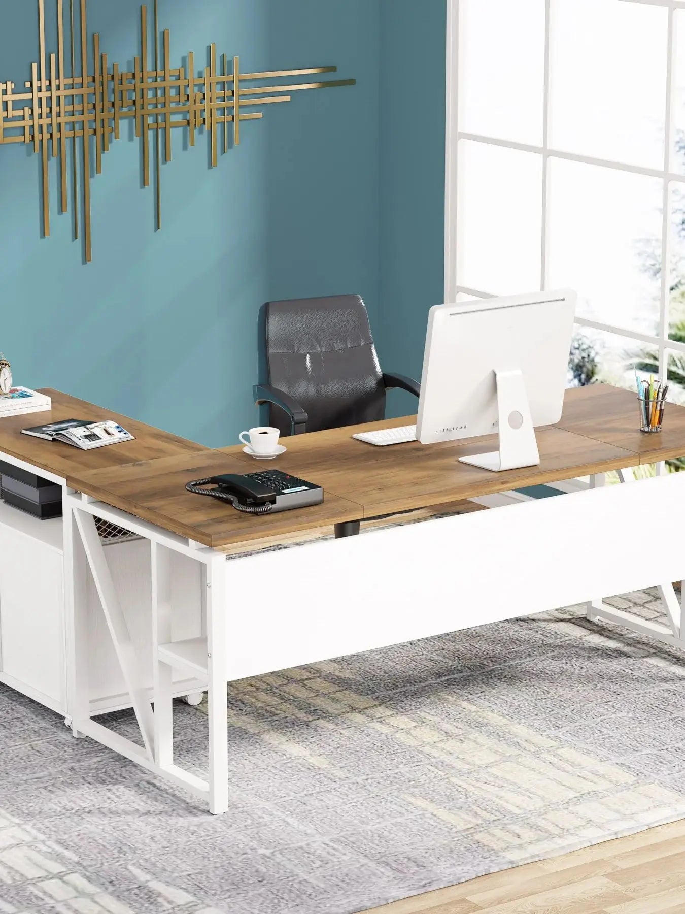 Tribesigns 63 inches Computer Desk with Bottom Stoage Shelf Home Office Desk Writing Table for Workstation,Dark Walnut + Steel L