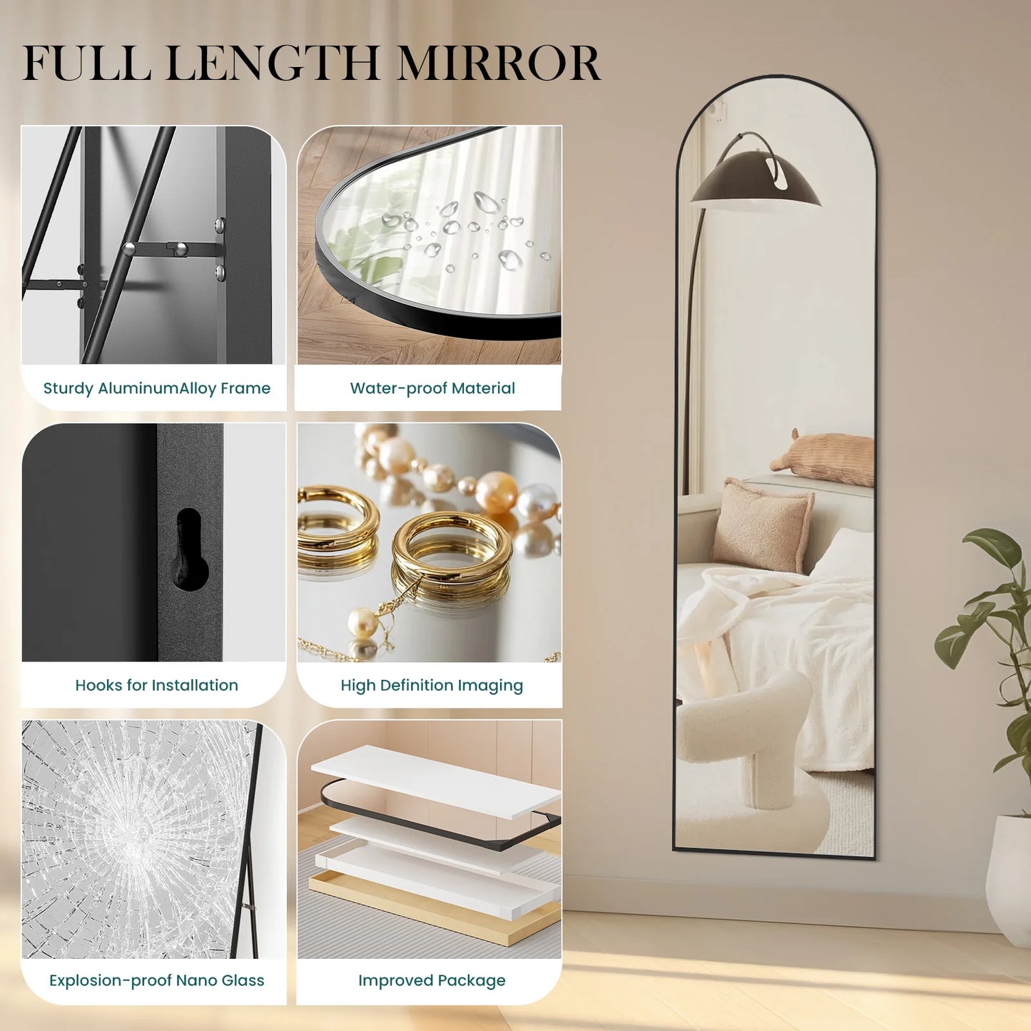 JHK Full Body Wall Mirror 59"x16"/64"x21" Standing or Wall-Hanging with Stand Aluminum Alloy Frame Bedroom Cloakroom Decoration