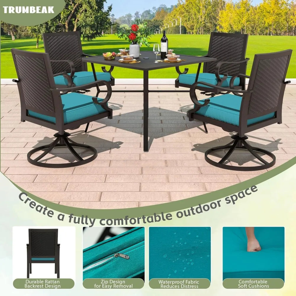 5-piece patio dining set outdoor conversation set,metal outdoor furniture set with umbrella hole cut-out table and 4 rattan back
