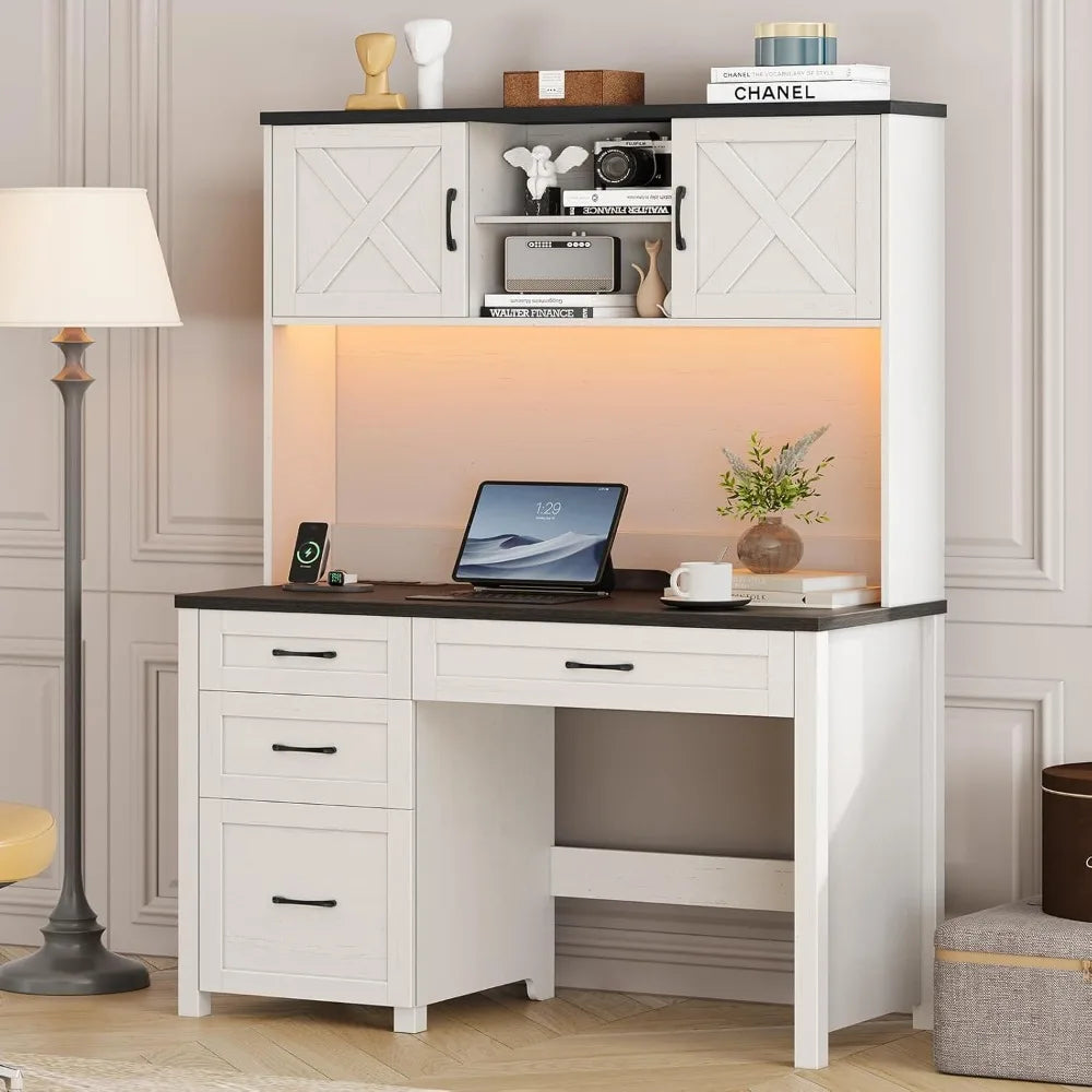 "67" Farmhouse Executive Desk - Hutch with LED Light, 4 Drawers & Charging Station for Home Office"