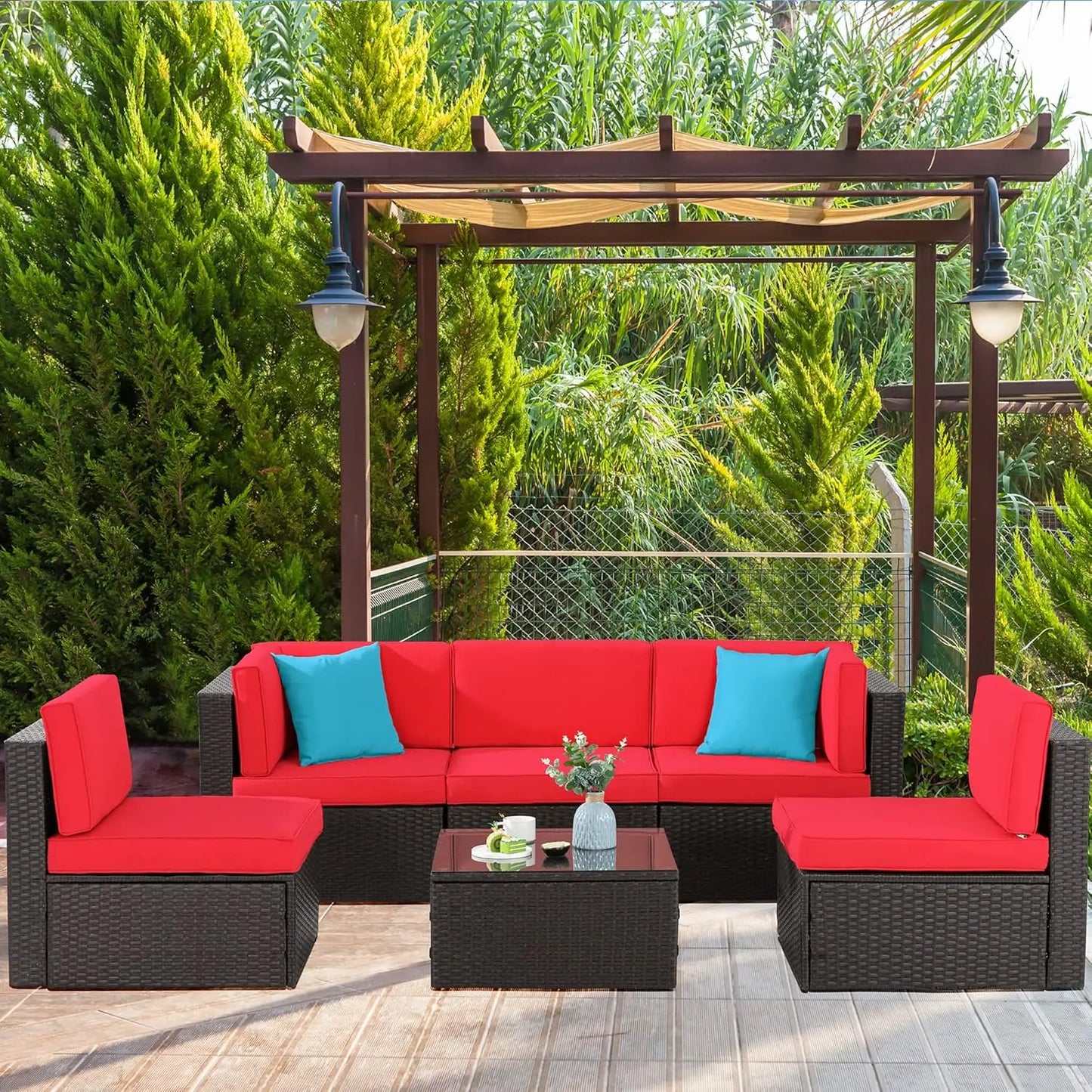 6 Pieces Patio garden furniture sets, PE Rattan Manual Wicker Patio Conversation Set w/Glass Table&Ottoman Cushion and Pillows